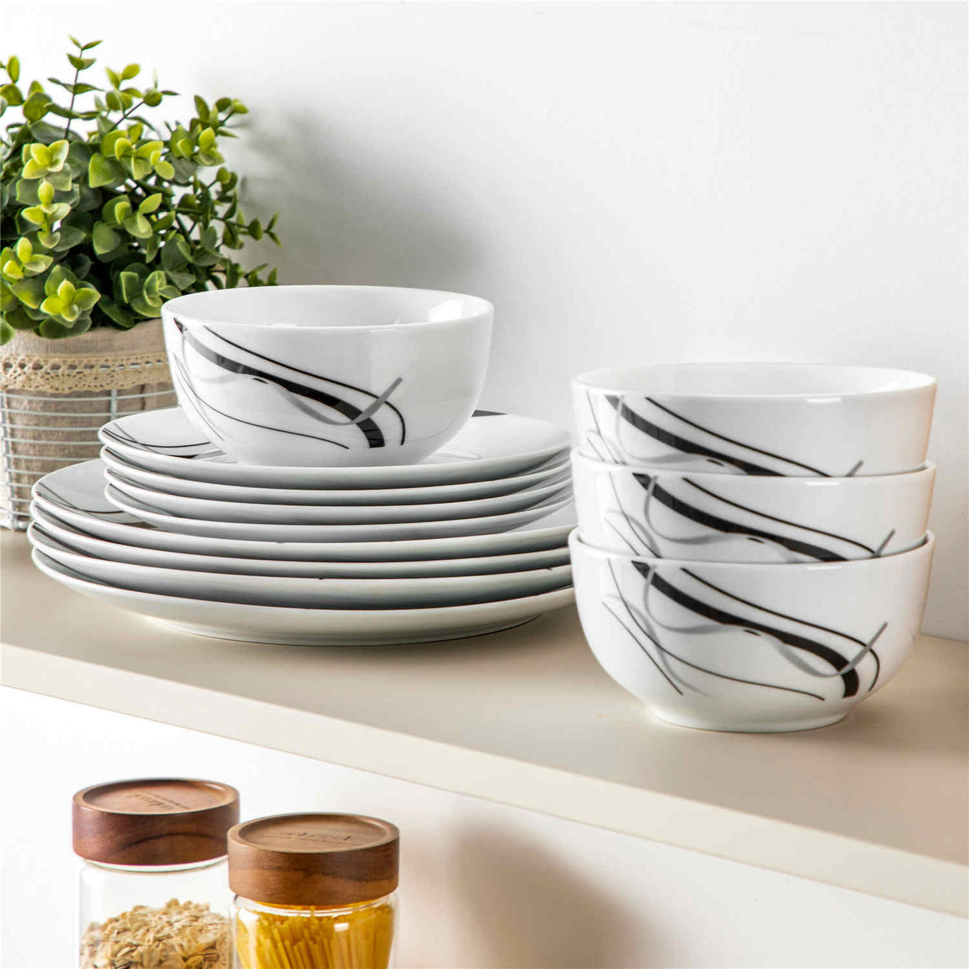 MALACASA Fiona 12-Piece Porcelain Dinnerware Set, Featuring Rounded Design, with Black and Gray Stripes, Includes Plates and Bowls.