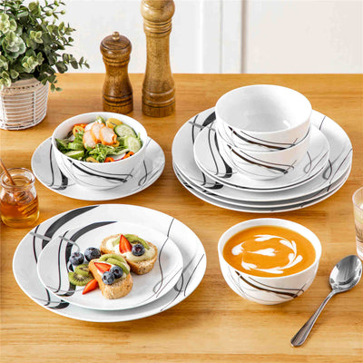 MALACASA Fiona 12-Piece Porcelain Dinnerware Set, Featuring Rounded Design, with Black and Gray Stripes, Includes Plates and Bowls.