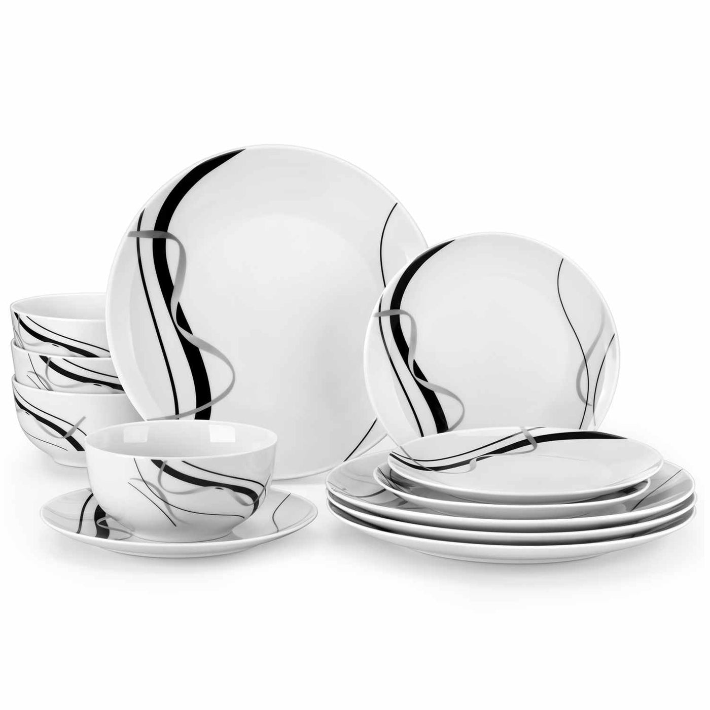 MALACASA Fiona 12-Piece Porcelain Dinnerware Set, Featuring Rounded Design, with Black and Gray Stripes, Includes Plates and Bowls.