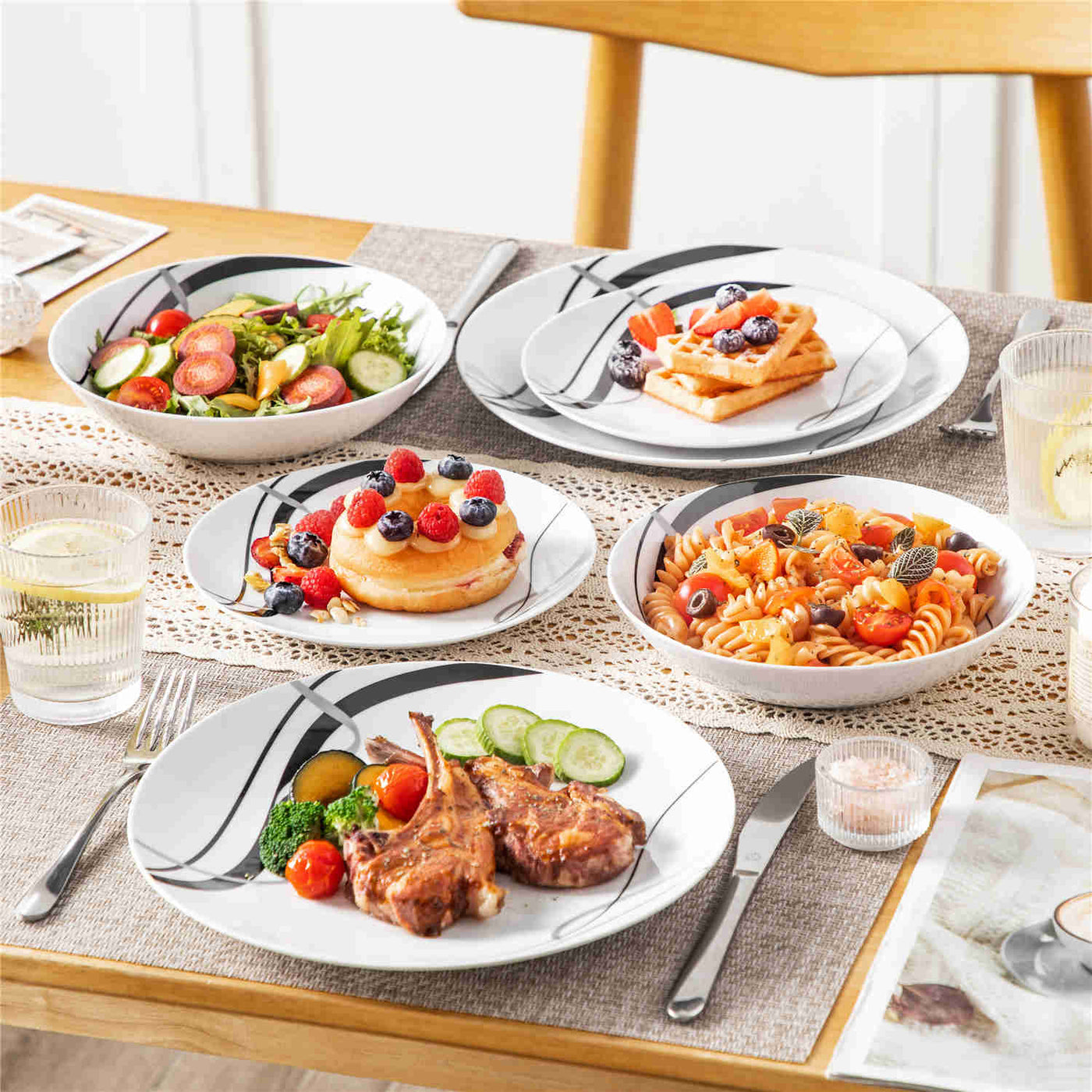 MALACASA Fiona 18-Piece Porcelain Dinnerware Set, Featuring Rounded Design, with Black and Gray Stripes, Perfect for Everyday Use.