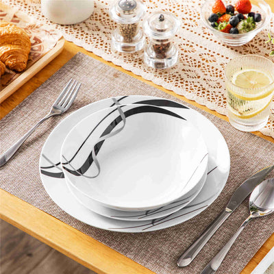 MALACASA Fiona 18-Piece Porcelain Dinnerware Set, Featuring Rounded Design, with Black and Gray Stripes, Perfect for Everyday Use.