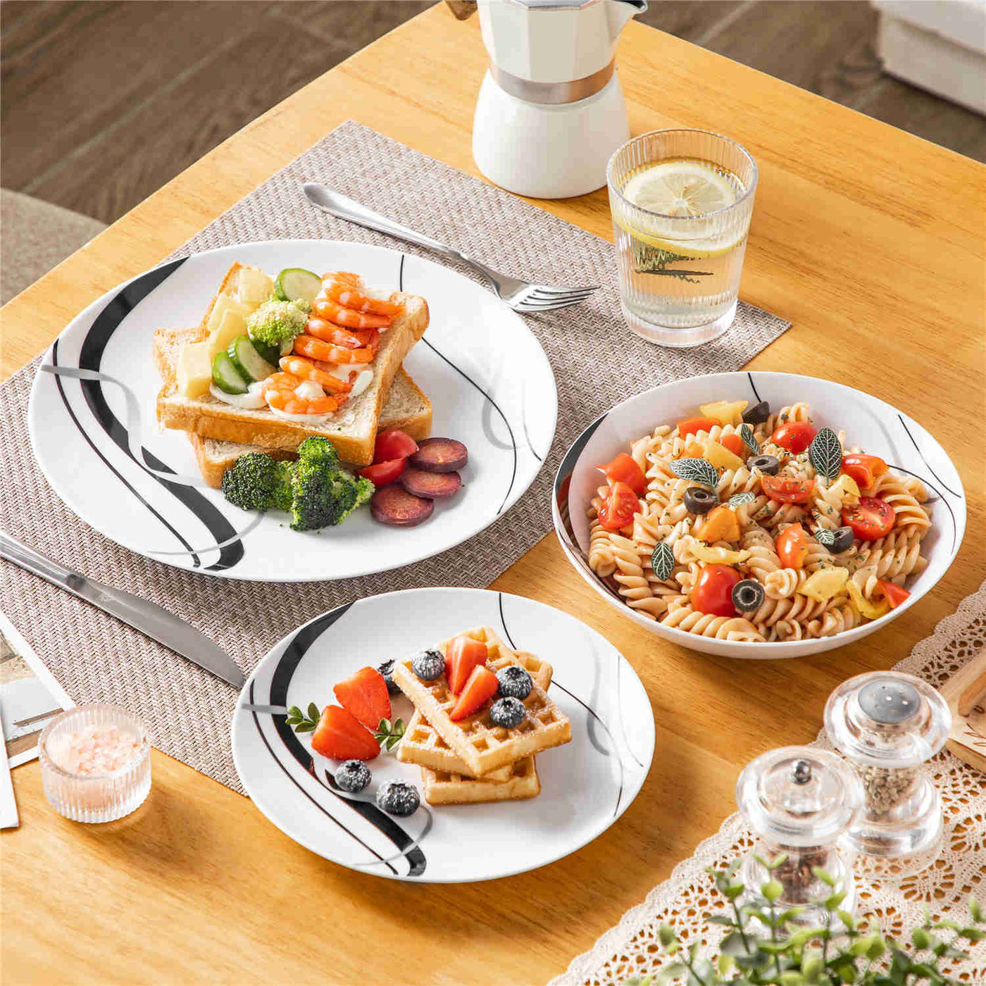 MALACASA Fiona 18-Piece Porcelain Dinnerware Set, Featuring Rounded Design, with Black and Gray Stripes, Perfect for Everyday Use.