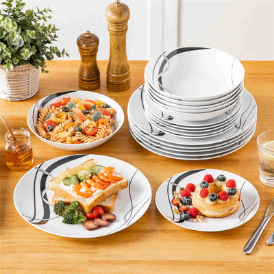 MALACASA Fiona 18-Piece Porcelain Dinnerware Set, Featuring Rounded Design, with Black and Gray Stripes, Perfect for Everyday Use.