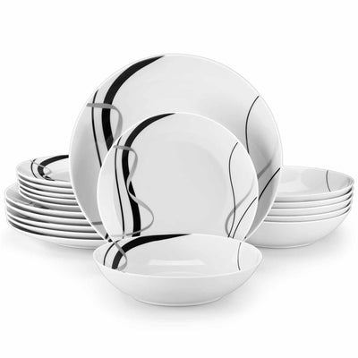 MALACASA Fiona 18-Piece Porcelain Dinnerware Set, Featuring Rounded Design, with Black and Gray Stripes, Perfect for Everyday Use.