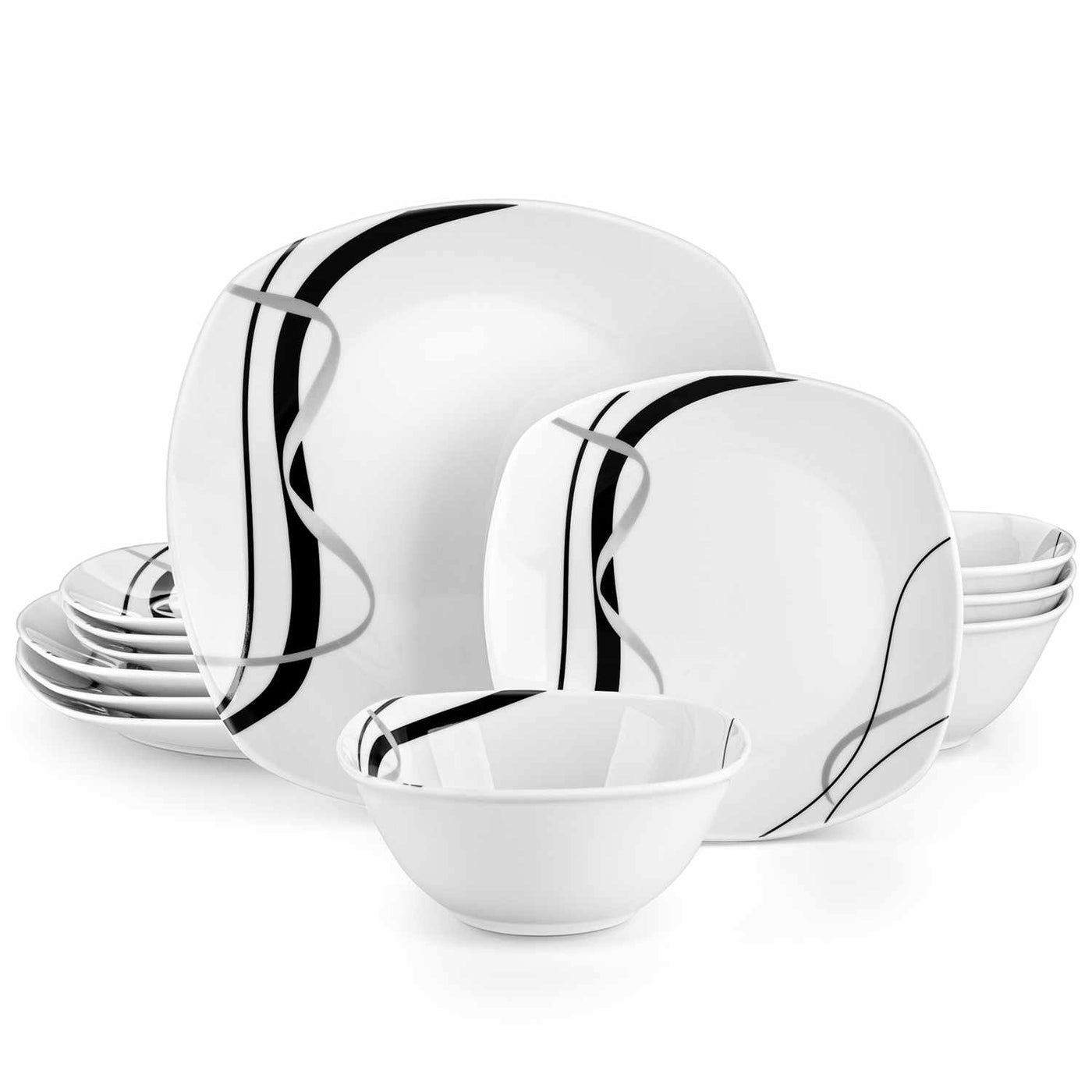 MALACASA Fiona 12-Piece Porcelain Dinnerware Set, Featuring Rounded Square Design, with Black and Gray Stripes, Perfect for Everyday Use.