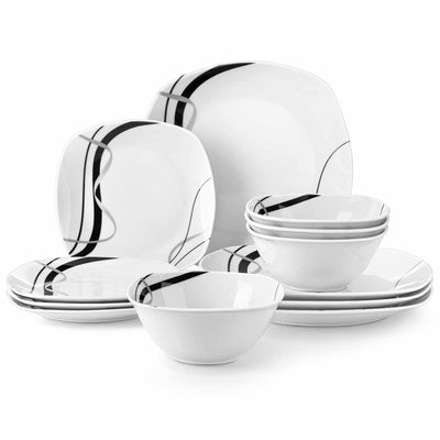 MALACASA Fiona 12-Piece Porcelain Dinnerware Set, Featuring Rounded Square Design, with Black and Gray Stripes, Perfect for Everyday Use.
