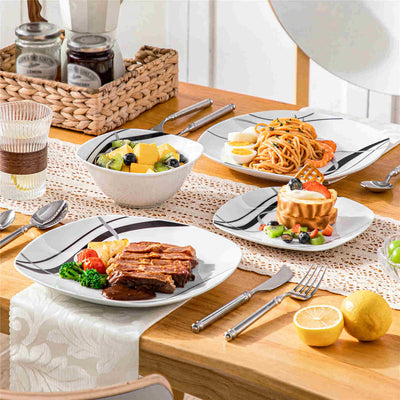 MALACASA Fiona 12-Piece Porcelain Dinnerware Set, Featuring Rounded Square Design, with Black and Gray Stripes, Perfect for Everyday Use.