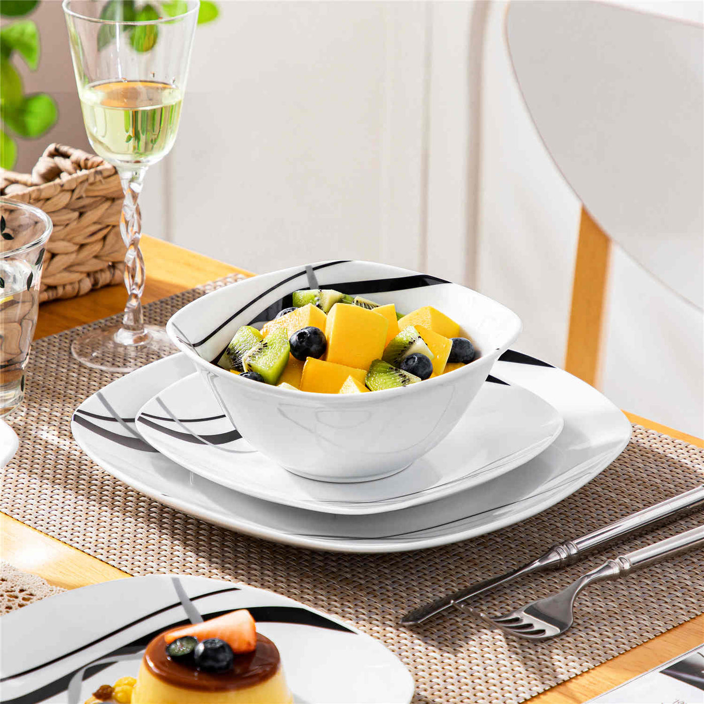 MALACASA Fiona 12-Piece Porcelain Dinnerware Set, Featuring Rounded Square Design, with Black and Gray Stripes, Perfect for Everyday Use.