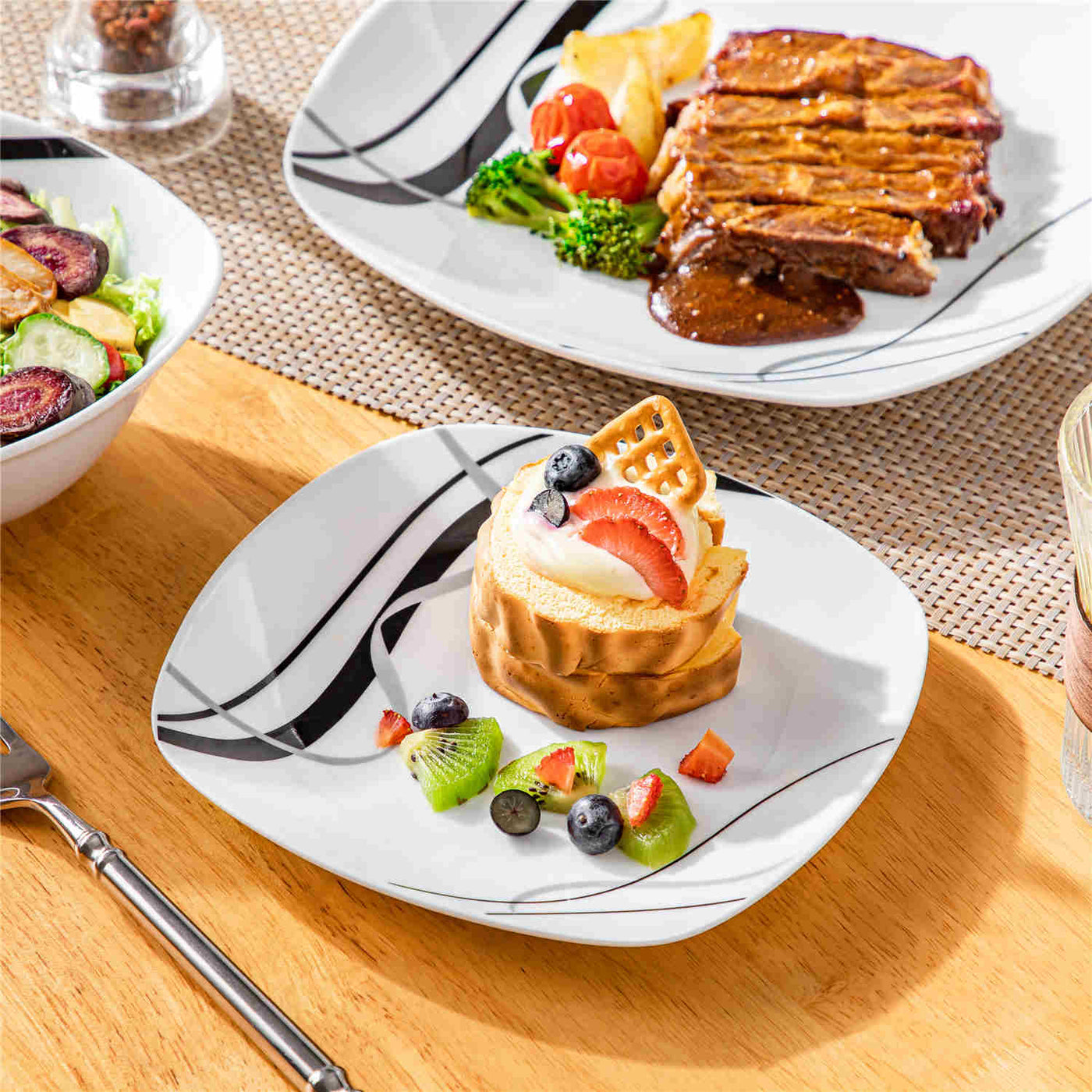 MALACASA Fiona 12-Piece Porcelain Dinnerware Set, Featuring Rounded Square Design, with Black and Gray Stripes, Perfect for Everyday Use.