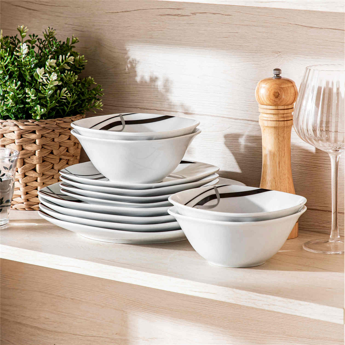 MALACASA Fiona 12-Piece Porcelain Dinnerware Set, Featuring Rounded Square Design, with Black and Gray Stripes, Perfect for Everyday Use.