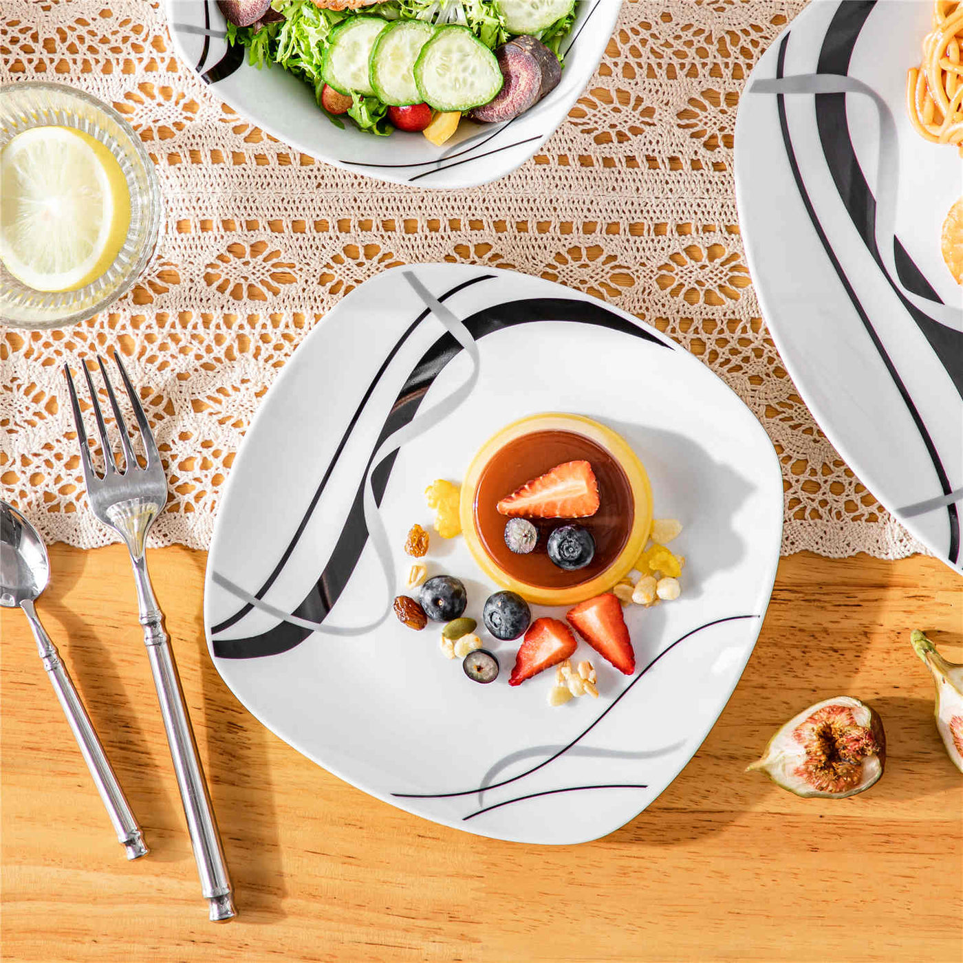 MALACASA Fiona 12-Piece Porcelain Dinnerware Set, Featuring Rounded Square Design, with Black and Gray Stripes, Perfect for Everyday Use.