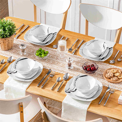 MALACASA Fiona 12-Piece Porcelain Dinnerware Set, Featuring Rounded Square Design, with Black and Gray Stripes, Perfect for Everyday Use.