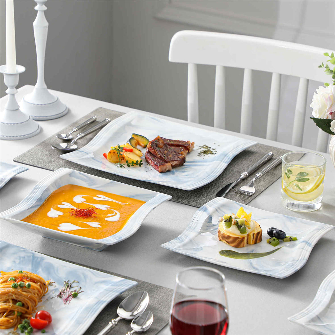 MALACASA Flora 30-Piece Marble Blue Porcelain Dinner Set