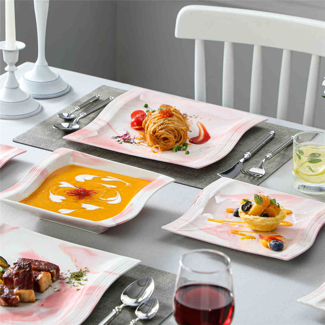 MALACASA Flora 30-Piece Marble Pink Porcelain Dinner Set