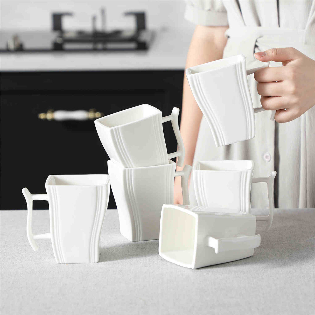 Flora Marble Grey Porcelain Mugs Set of 6 | 11oz Wavy