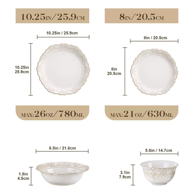 Giselle 16-piece dinnerware set with lace-embossed rims and hand-applied reactive glaze, perfect for elegant everyday dining - White#color_white