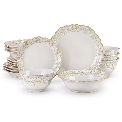 Giselle 16-piece dinnerware set with lace-embossed rims and hand-applied reactive glaze, perfect for elegant everyday dining - White#color_white
