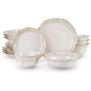 Giselle 16-piece dinnerware set with lace-embossed rims and hand-applied reactive glaze, perfect for elegant everyday dining - White#color_white