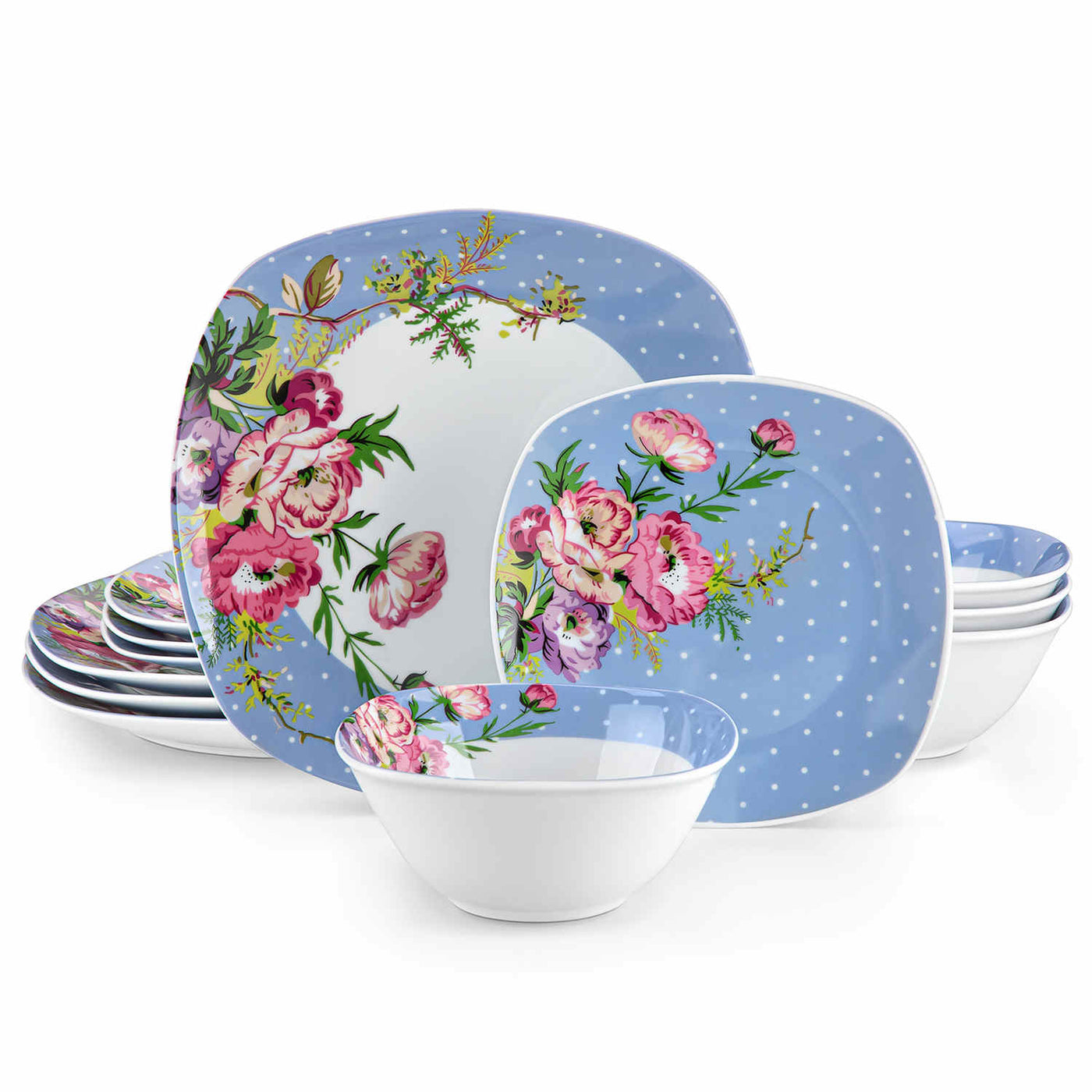 MALACASA Hannah-12 Piece Porcelain Dinnerware Set, Featuring Rounded Square Design with Blue and White Floral Pattern and Dots.