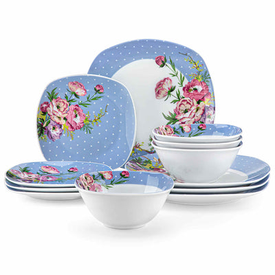 MALACASA Hannah-12 Piece Porcelain Dinnerware Set, Featuring Rounded Square Design with Blue and White Floral Pattern and Dots.