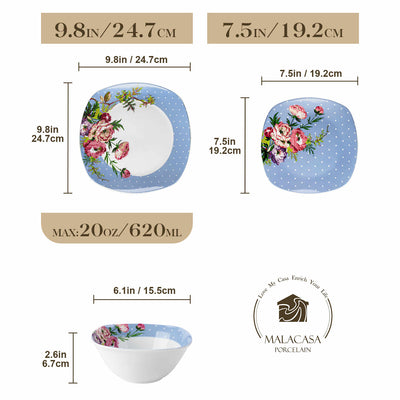 MALACASA Hannah-12 Piece Porcelain Dinnerware Set, Featuring Rounded Square Design with Blue and White Floral Pattern and Dots.