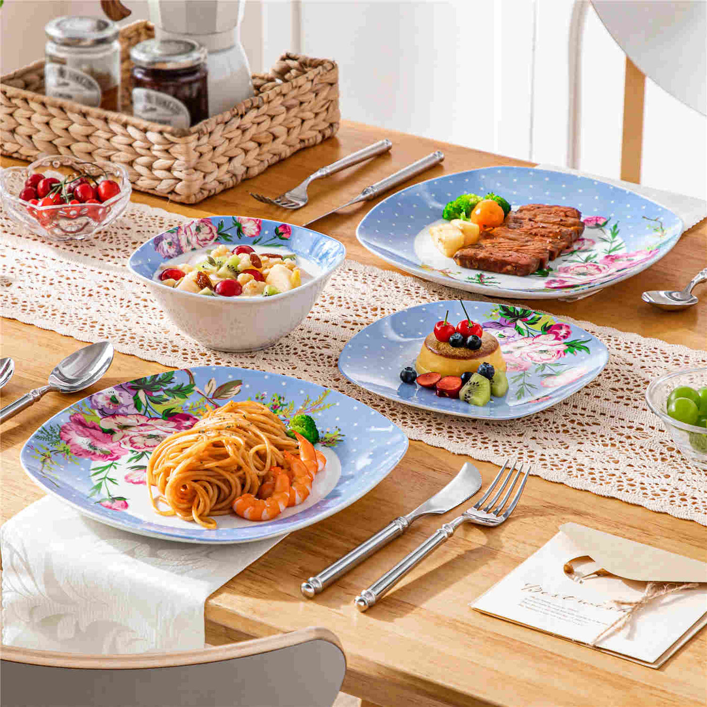 MALACASA Hannah-12 Piece Porcelain Dinnerware Set, Featuring Rounded Square Design with Blue and White Floral Pattern and Dots.