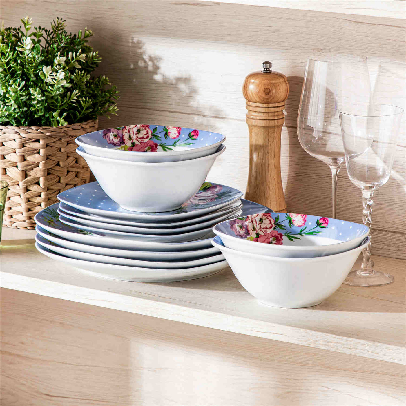 MALACASA Hannah-12 Piece Porcelain Dinnerware Set, Featuring Rounded Square Design with Blue and White Floral Pattern and Dots.