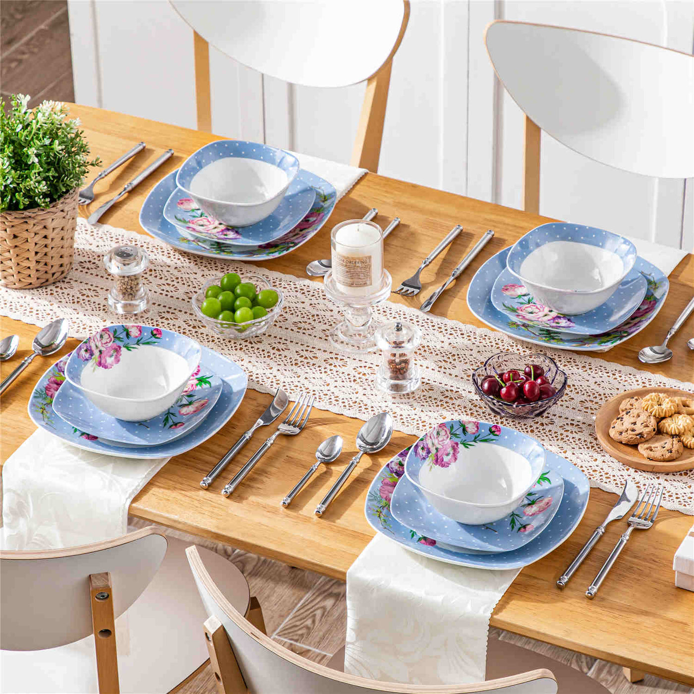 MALACASA Hannah-12 Piece Porcelain Dinnerware Set, Featuring Rounded Square Design with Blue and White Floral Pattern and Dots.