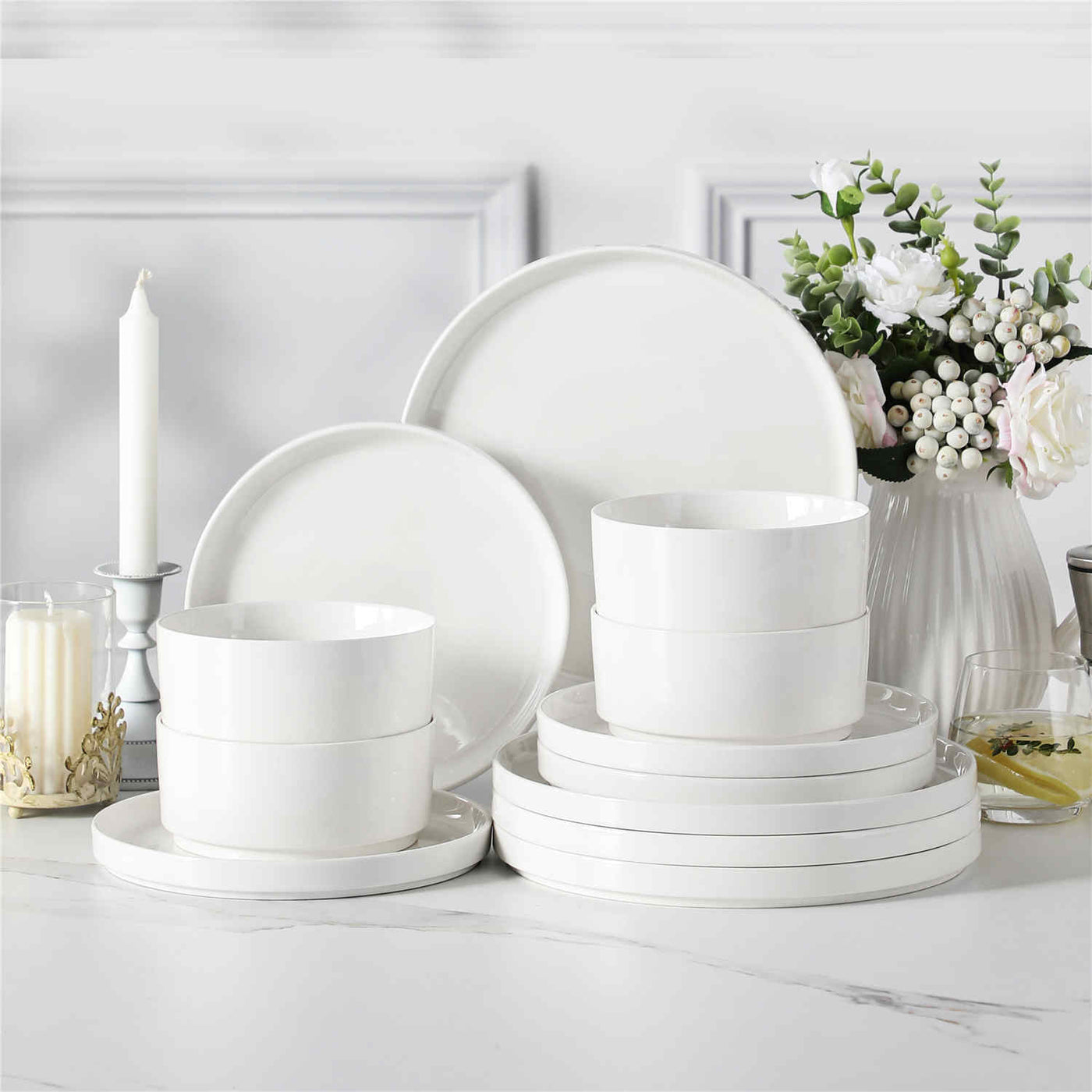 MALACASA Leah 12-Piece Porcelain Dinnerware Set - Includes Plates and Bowls with a Round Design and Pared-Down Lines for a Timeless Dining Aesthetic - Ivory White#color_ivory-white