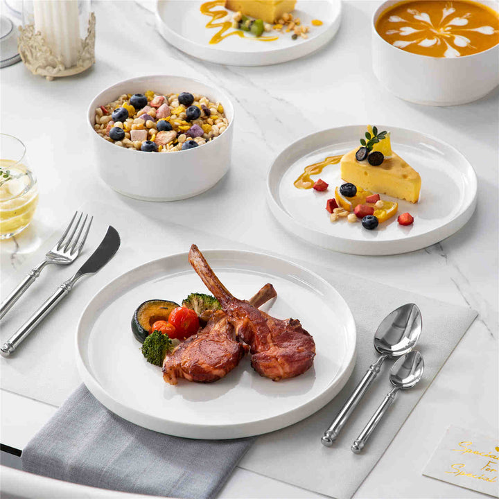 Leah 12-Piece Porcelain Dinnerware Set | Ivory White or Black Trim