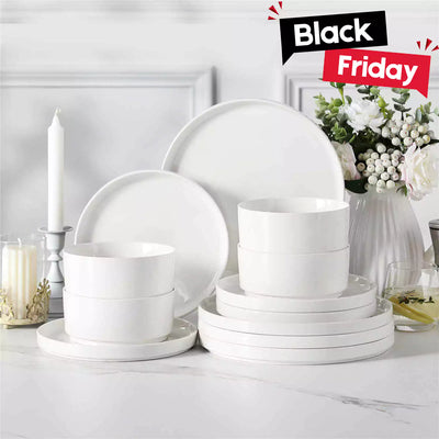 MALACASA Leah 12-Piece Porcelain Dinnerware Set - Includes Plates and Bowls with a Round Design and Pared-Down Lines for a Timeless Dining Aesthetic - Ivory White#color_ivory-white