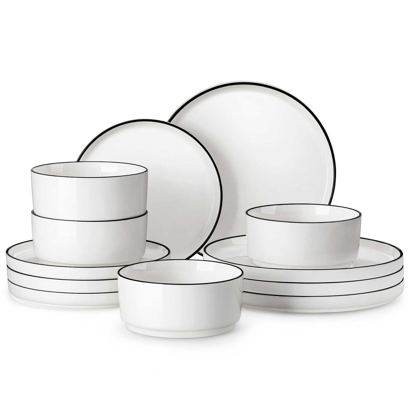 MALACASA Leah 12-Piece Porcelain Dinnerware Set - Includes Plates and Bowls with a Round Design and Pared-Down Lines for a Timeless Dining Aesthetic - Black Trim#color_black-trim