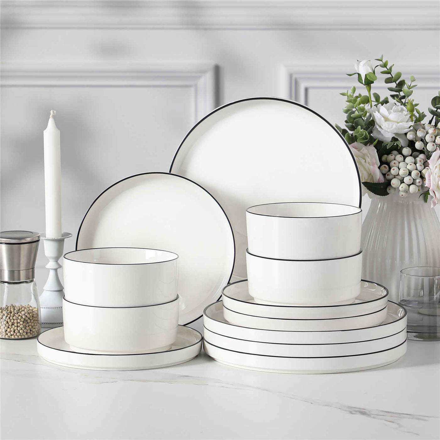 MALACASA Leah 12-Piece Porcelain Dinnerware Set - Includes Plates and Bowls with a Round Design and Pared-Down Lines for a Timeless Dining Aesthetic - Black Trim#color_black-trim