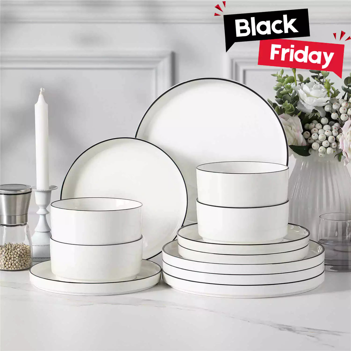 MALACASA Leah 12-Piece Porcelain Dinnerware Set - Includes Plates and Bowls with a Round Design and Pared-Down Lines for a Timeless Dining Aesthetic - Black Trim#color_black-trim