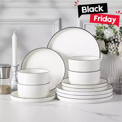 MALACASA Leah 12-Piece Porcelain Dinnerware Set - Includes Plates and Bowls with a Round Design and Pared-Down Lines for a Timeless Dining Aesthetic - Black Trim#color_black-trim