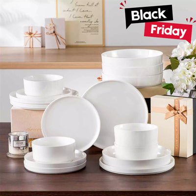 MALACASA Leah 16-Piece Porcelain Dinnerware Set, Service for 4, includes Plates, Pasta Bowls, and Cereal Bowls. Perfect for elevating family meals or entertaining guests with a touch of sophistication.Ivory White#color_ivory-white