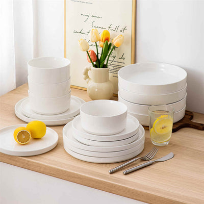 MALACASA Leah 16-Piece Porcelain Dinnerware Set, Service for 4, includes Plates, Pasta Bowls, and Cereal Bowls. Perfect for elevating family meals or entertaining guests with a touch of sophistication.Ivory White#color_ivory-white