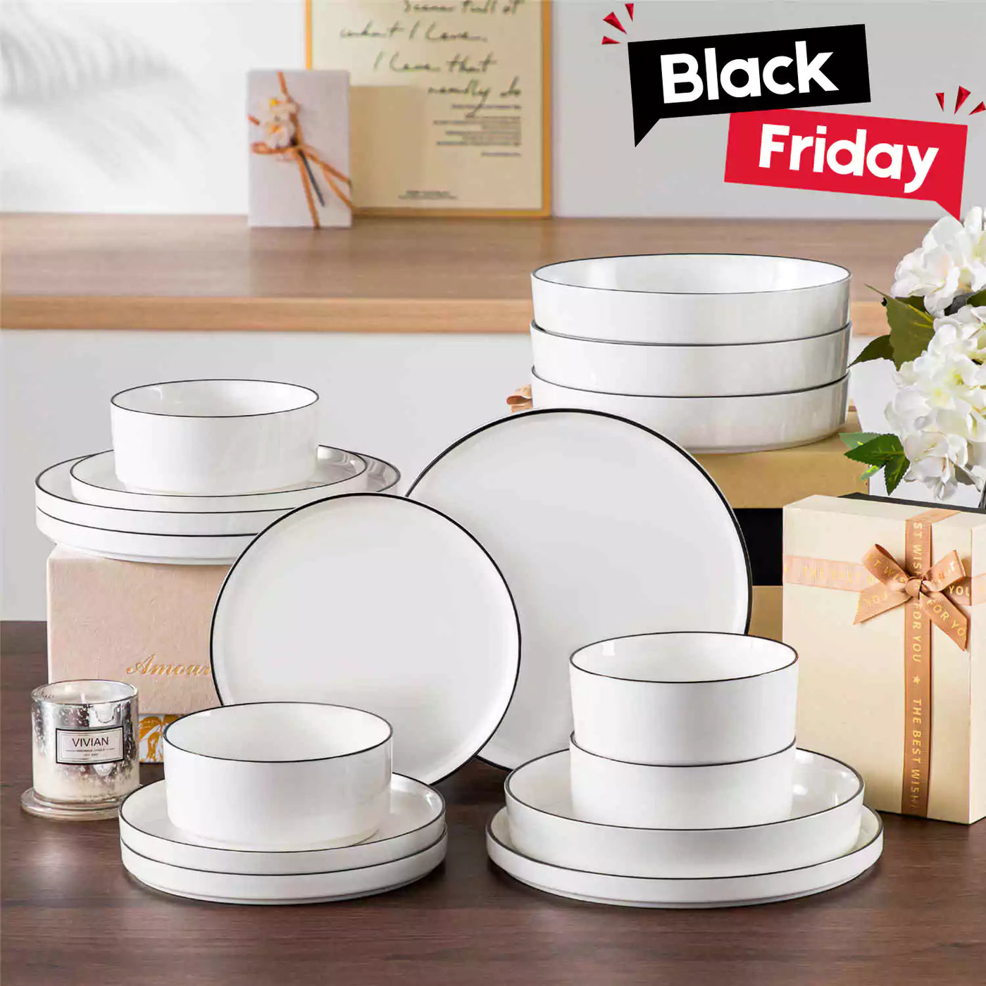 MALACASA Leah 16-Piece Porcelain Dinnerware Set, Service for 4, includes Plates, Pasta Bowls, and Cereal Bowls. Perfect for elevating family meals or entertaining guests with a touch of sophistication.Black Trim#color_black-trim