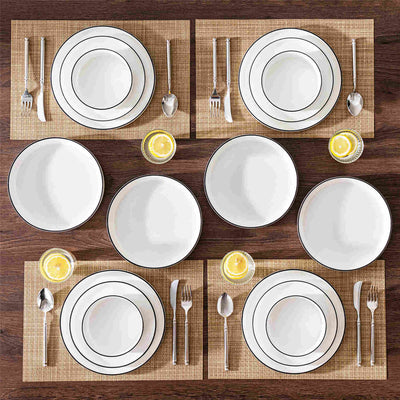 MALACASA Leah 16-Piece Porcelain Dinnerware Set, Service for 4, includes Plates, Pasta Bowls, and Cereal Bowls. Perfect for elevating family meals or entertaining guests with a touch of sophistication.Black Trim#color_black-trim