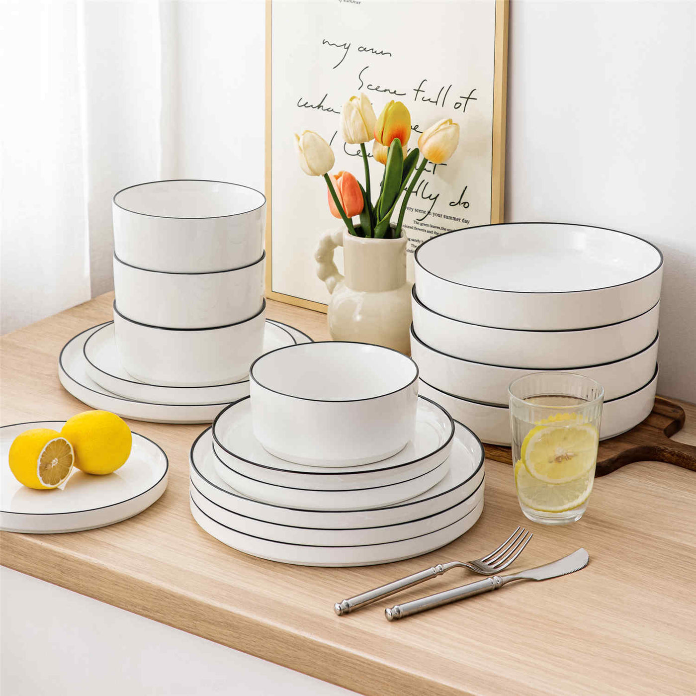 MALACASA Leah 16-Piece Porcelain Dinnerware Set, Service for 4, includes Plates, Pasta Bowls, and Cereal Bowls. Perfect for elevating family meals or entertaining guests with a touch of sophistication.Black Trim#color_black-trim