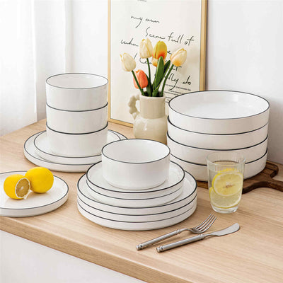 MALACASA Leah 16-Piece Porcelain Dinnerware Set, Service for 4, includes Plates, Pasta Bowls, and Cereal Bowls. Perfect for elevating family meals or entertaining guests with a touch of sophistication.Black Trim#color_black-trim