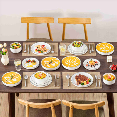 MALACASA Leah 16-Piece Porcelain Dinnerware Set, Service for 4, includes Plates, Pasta Bowls, and Cereal Bowls. Perfect for elevating family meals or entertaining guests with a touch of sophistication.Black Trim#color_black-trim