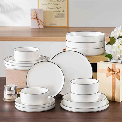 MALACASA Leah 16-Piece Porcelain Dinnerware Set, Service for 4, includes Plates, Pasta Bowls, and Cereal Bowls. Perfect for elevating family meals or entertaining guests with a touch of sophistication.Black Trim#color_black-trim