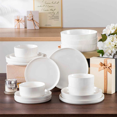 MALACASA Leah 16-Piece Porcelain Dinnerware Set, Service for 4, includes Plates, Pasta Bowls, and Cereal Bowls. Perfect for elevating family meals or entertaining guests with a touch of sophistication.Ivory White#color_ivory-white