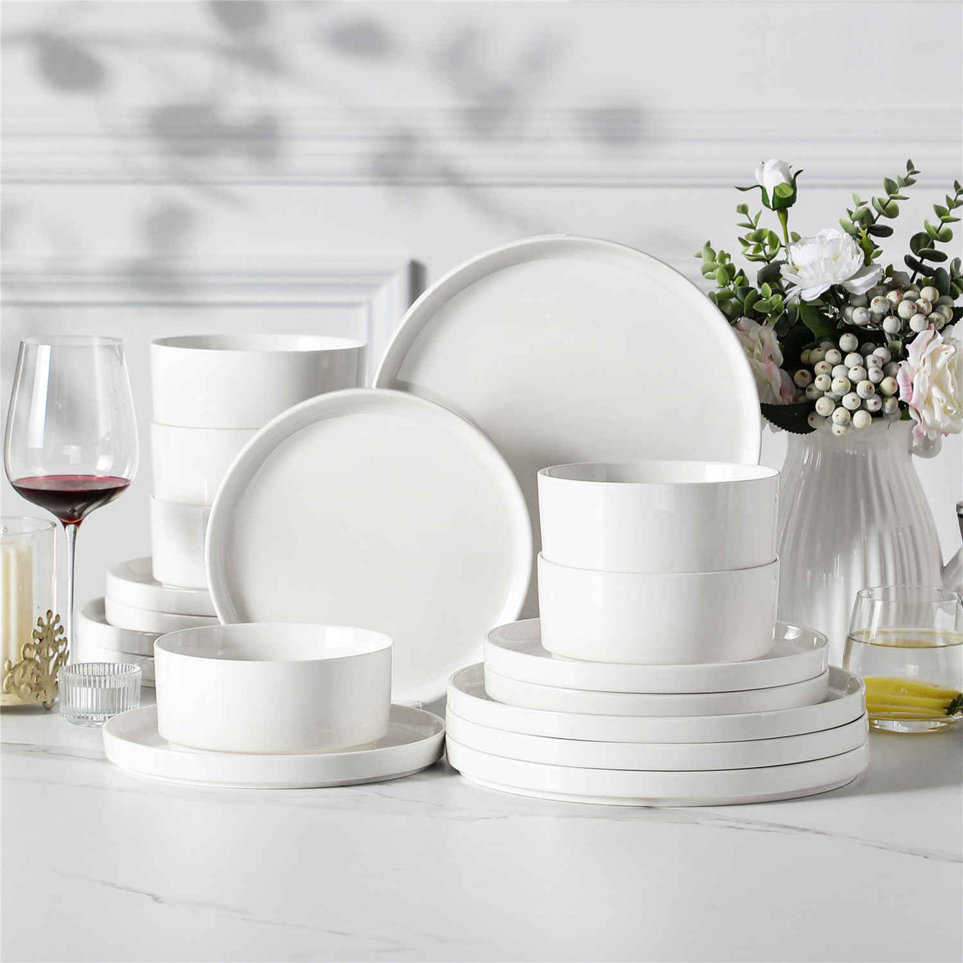 MALACASA Leah 18-Piece Porcelain Dinnerware Set – For Six, Featuring Modern Round Design and Clean Lines. Includes Plates and Bowls for a Timeless Look - Ivory White#color_ivory-white