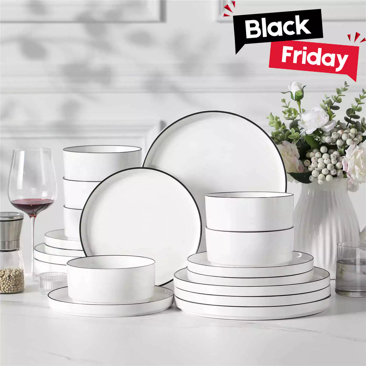 MALACASA Leah 18-Piece Porcelain Dinnerware Set – For Six, Featuring Modern Round Design and Clean Lines. Includes Plates and Bowls for a Timeless Look - Black Trim#color_black-trim