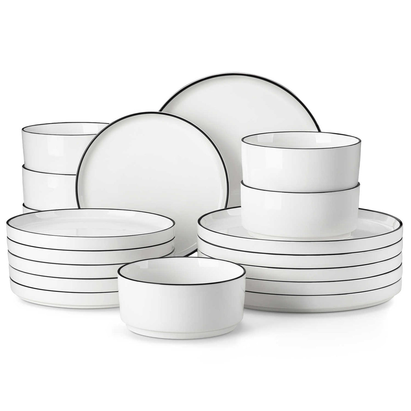 MALACASA Leah 18-Piece Porcelain Dinnerware Set – For Six, Featuring Modern Round Design and Clean Lines. Includes Plates and Bowls for a Timeless Look - Black Trim#color_black-trim