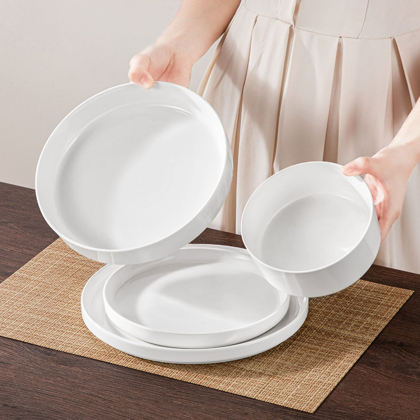 MALACASA Leah 24 piece porcelain dinnerware set for 6, raised base#color_ivory-white