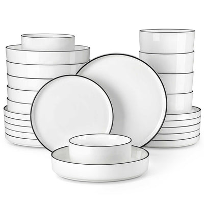 MALACASA Leah 24-Piece Porcelain Dinnerware Set – Designed for 6, this set includes Plates, Pasta Bowls, and Cereal Bowls. Boasts a modern design with streamlined, sophisticated lines - Black Trim#color_black-trim