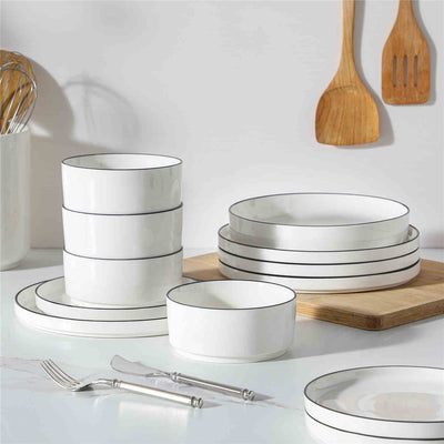 MALACASA Leah 24-Piece Porcelain Dinnerware Set – Designed for 6, this set includes Plates, Pasta Bowls, and Cereal Bowls. Boasts a modern design with streamlined, sophisticated lines - Black Trim#color_black-trim